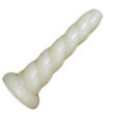 First Dildo Recommendation - Split Peaches Unicorn Horn Dildo - straight with a twisty-swirly "horn" texture, tapered. Pearly white shown. 