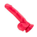 First Dildo Recommendation #8 - Blush Ruse Hypnotize Cerise color - made of shiny Cerise colored silicone it has veins for texture and a very realistic shape, including balls. Also has a suction cup base. 