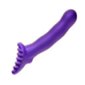 First Dildo Recommendation #6 - Fuze Rebel- Matte, silky silicone in a bright moderate purple, with a base that has ridges to give sensation to someone wearing it in a harness. Overall shape is mostly uniform with a rounded head and very slight bulge-y bloops to the shaft. 