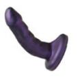 First Dildo Recommendation #11 - Tantus Curve in Midnight Purple - Shaft literally looks like someone bent it at a 30 degree angle about an inch up the shaft from the bottom. There are subtle ridges along the top of the shaft with a vague penis head. Harness base, no balls. 