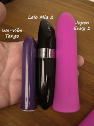 Size comparison of We-Vibe Tango vs Lelo Mia 2 vs Jopen Envy One. The We-Vibe Tango is the smallest, and the Jopen Envy One is the biggest. 