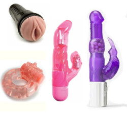 Various examples of porous sex toys - Fleshlight, Screaming O cock ring, Evolved Novelties vibrator, Vibratex Rabbit Habit