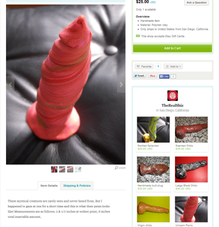 Description from seller: These mystical creatures are rarely seen and never heard from. But I happened to gaze at one for a short time and this is what their penis looks like! Measurements are as follows: 3 & 1/2 inches at widest point, 6 inches total insertable amount." Description from Lilly: It looks like candy, like pulled hard candy that's been swirled. It is pink with some colorful streaks in it, swirled like a "horn" but straight, coming to a sharp point. There's a base, as it this could ever be anal-safe or worn in a harness. 
