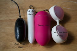 The Secret Vibe Remote Control Vibrator by Marc Dorcel is larger than I expected. To show a size comparison, first there is the Doc Johnson Black Magic Bullet vibe, the We-Vibe Salsa, the Secret Vibe and then the Lelo Luna Beads Classic
