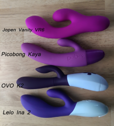 Top to bottom: Jopen Vanity VR6, Picobong Kaya, OVO K2, Lelo Ina 2  - shown for size and shape comparison. Ina 2 has a more girthy internal arm with a more drastic curve, same as the VR6. Kaya is longer than them all. OVO is clearly the thinnest.  