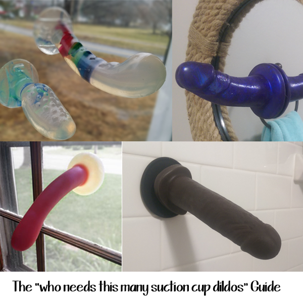 silicone suction cup dildos on various surfaces.