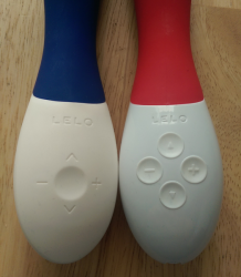 Lelo Mona Wave (in blue) handle and buttons vs. Lelo Mona 2. The Mona 2's buttons are clearly individual buttons, whereas the Mona Wave is markings on the silicone skin with only a fingertip-sized dimple in the center
