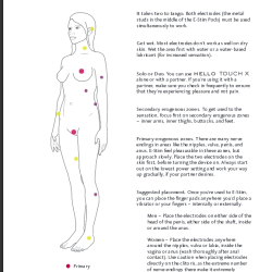 Jimmyjane Hello Touch X User Manual Guide showing suggested spots for use including: ear, neck, nipple, genitals, knee, ribcage? waist? upper arm, and thigh