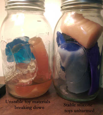 Showing a jar of toxic sex toys on the left with a lot of clear liquid in the jar and a jar of silicone sex toys on the right with no liquid and no damage