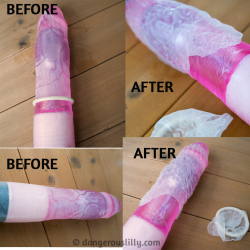 4 images show a latex condom rolled over a pink, translucent vibrator made of TPR. In 2 photos the condom is snug fitting and intact, and in 2 other photos the condom has torn while part of the condom remains on the dildo 