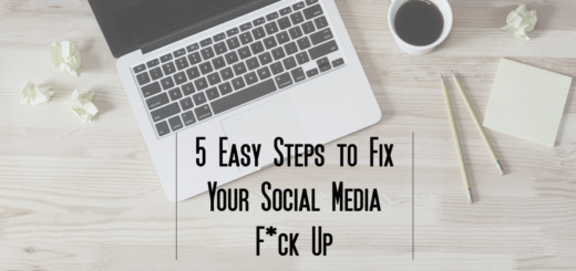 Laptop, coffee, notepad, crumpled papers and pencil: Captioned with 5 Easy Steps to Fix your Social Media Fuck Up