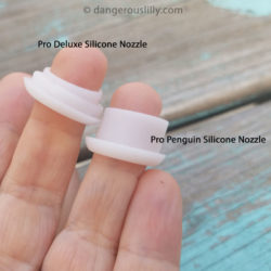 Satisfyer Pro Penguin and Pro Deluze have very tiny silicone nozzles, shown in the photo each on one of my fingers