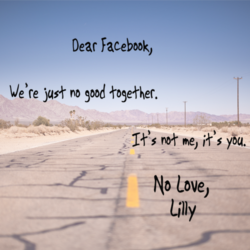 Text reads: Dear Facebook, We're just no good together. It's not me, it's you. No Love, Lilly. Text is over a washed out image of a barren, cracked 2-lane highway in the middle of nowhere. 