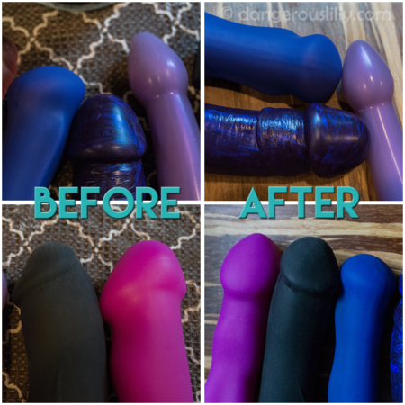 Coconut oil and silicone sex toys - close up views of silicone sex toys before coconut oil was applied and after the final 15 hour test