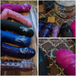 Coconut oil and silicone sex toys - showing various silicone sex toys with coconut oil on them